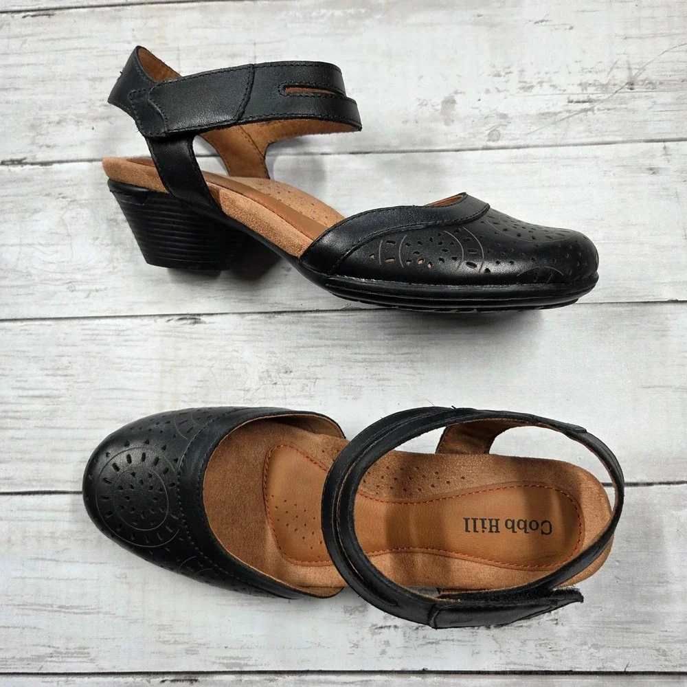 Cobb Hill Mary Jane Heels Womens 6 Black Leather Perforated CI5144 Block Heel
